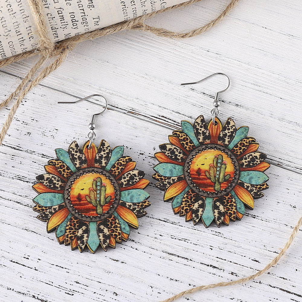 Wholesale Wooden Western Style Leopard Sunflower Cactus Drop Earrings Double Sided Printed Fashion Accessory Party Gift