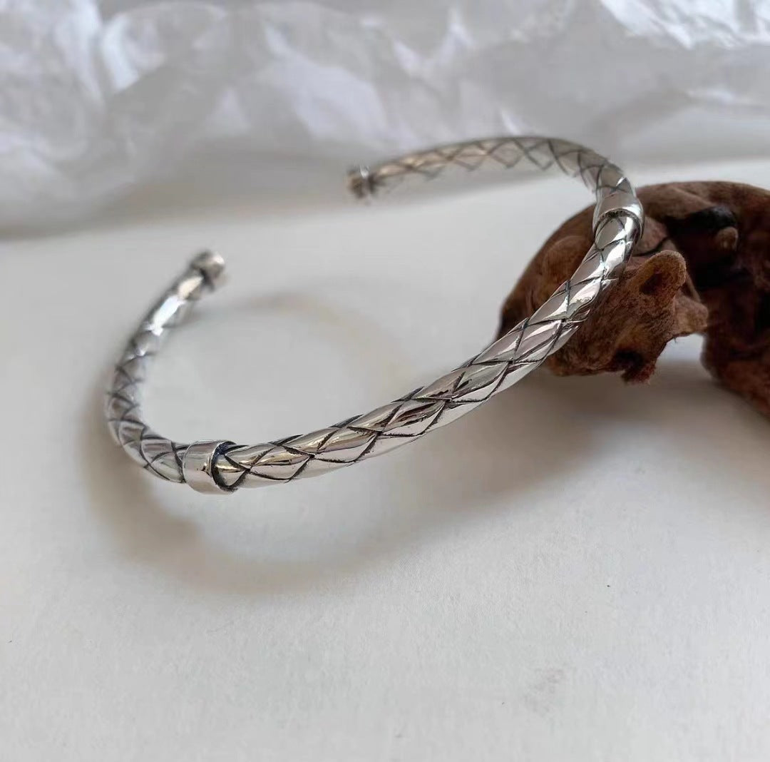 Wholesale Retro Woven Twist Open Cuff Men S Bracelet Geometric Design Silver Tone Jewelry Accessory Trendy Boutique Resale Gift
