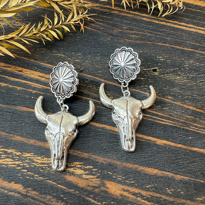 Wholesale Western Style Bull Head Sunflower Inlaid Turquoise Metal Earrings