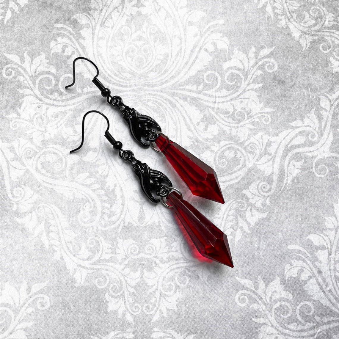 Wholesale Red and Black Gemstone Dark Bat Pendant Earrings