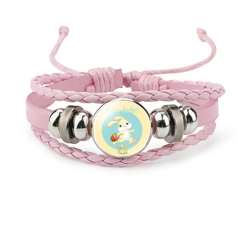 Wholesale Easter Rabbit Time Gemstone Pink Leather Multi Layer Woven Bracelet