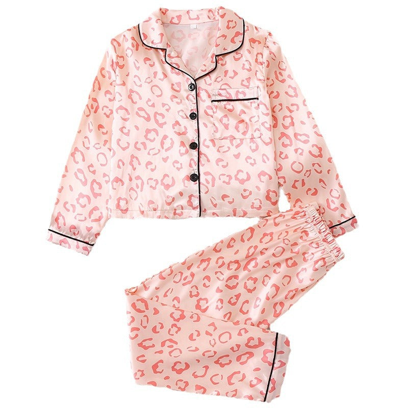 Wholesale Milk Silk Cardigan with Lapel and Leopard Print Children's Long Sleeved Pajamas
