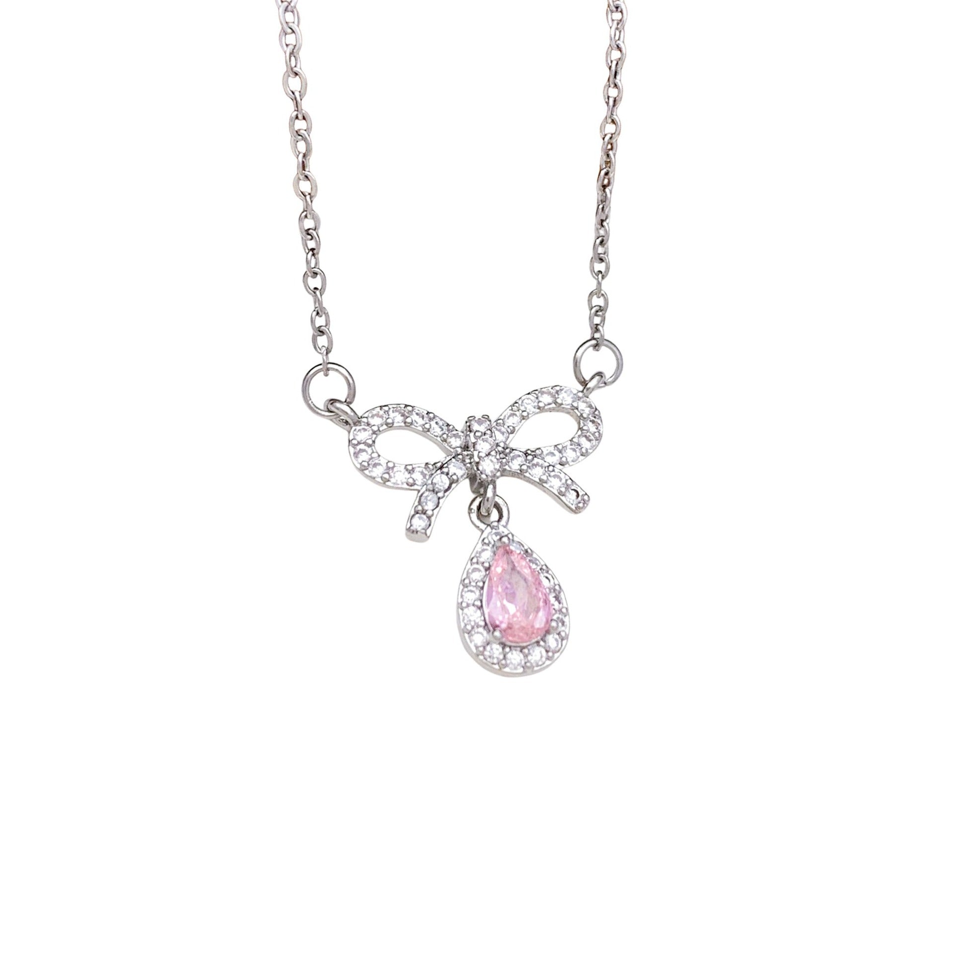 Wholesale Pink heart-shaped bow with diamond studded titanium steel necklace