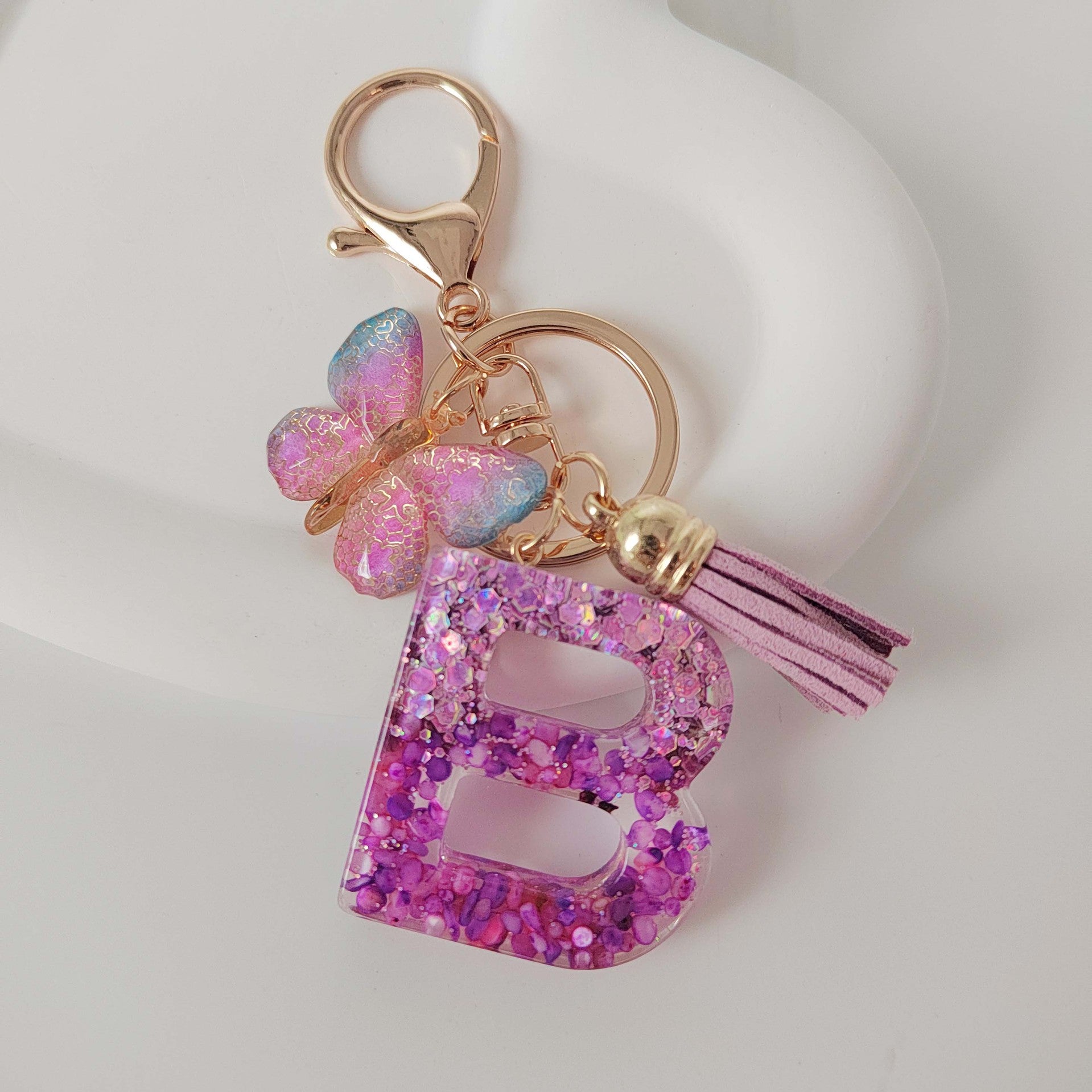 Wholesale Purple Illusion Color Double Glue Letter Glitter Tassel Keychain
