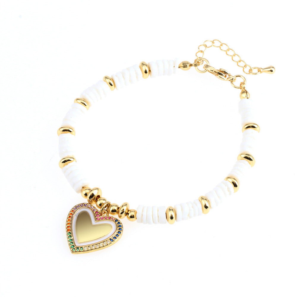 Wholesale Zircon Copper Love Heart Pendant Shell Disc Beads Bracelet