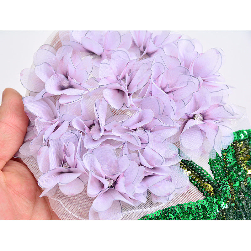 Wholesale Trendy Purple Sequined Hydrangea Applique Patch Hand Sewn Beaded Embroidery DIY Craft Supply For Coat Decoration