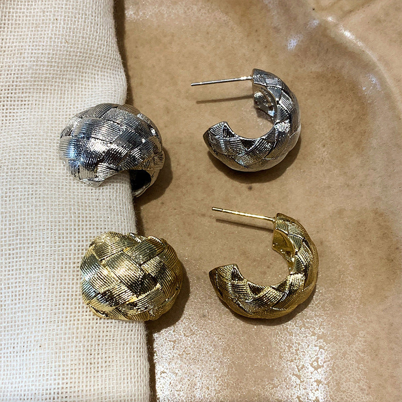 Wholesale Silk Thread Vine Brushed Texture Silver Earrings Stylish Geometric Alloy Jewelry Accessory Fashion Everyday Gift