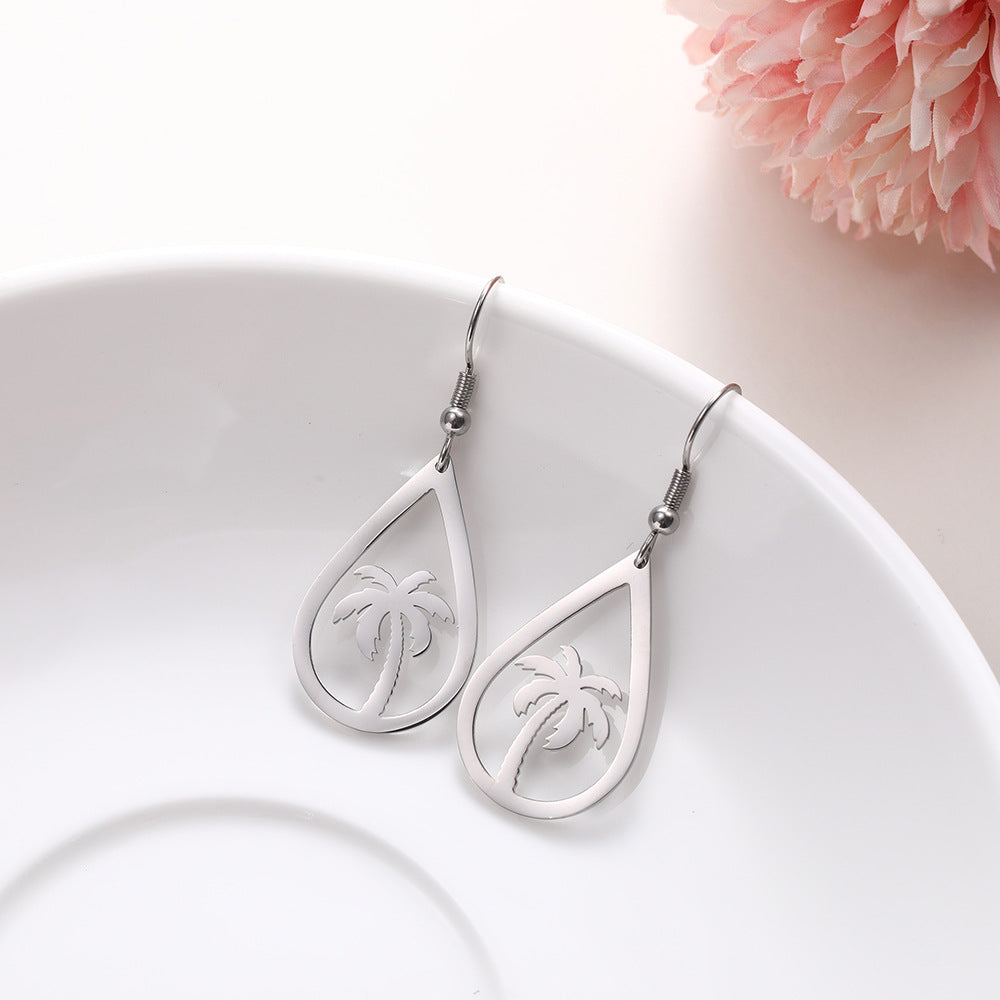 Wholesale Titanium steel hollow water drop coconut tree stainless steel earrings