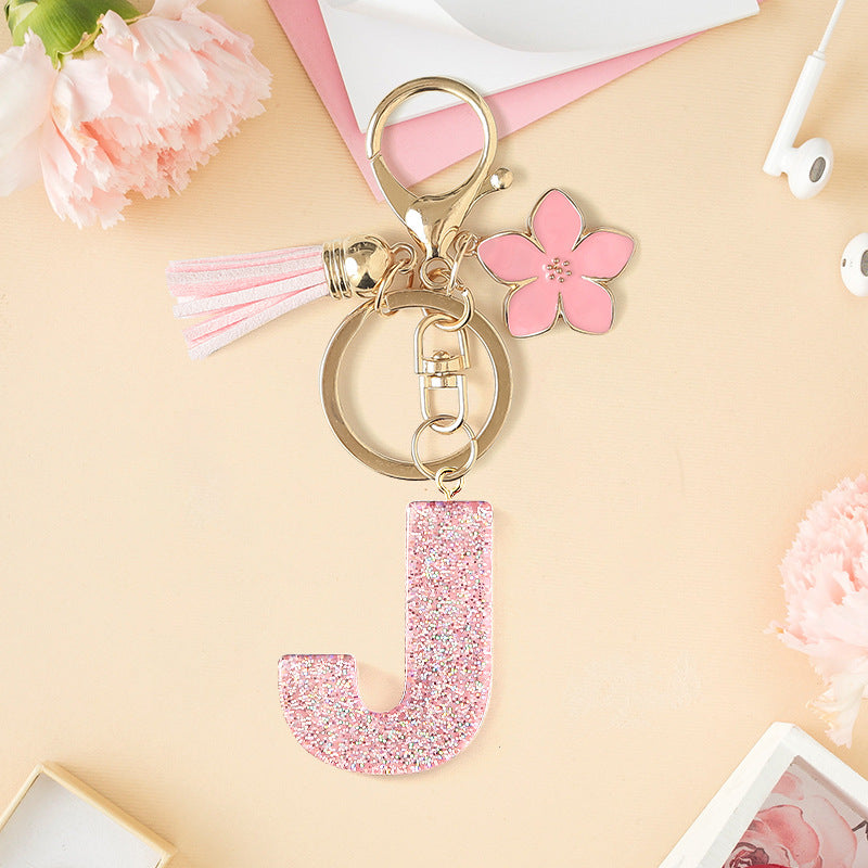 Wholesale Pink 26 letter Sparkling Pink Flower Tassel Keychain