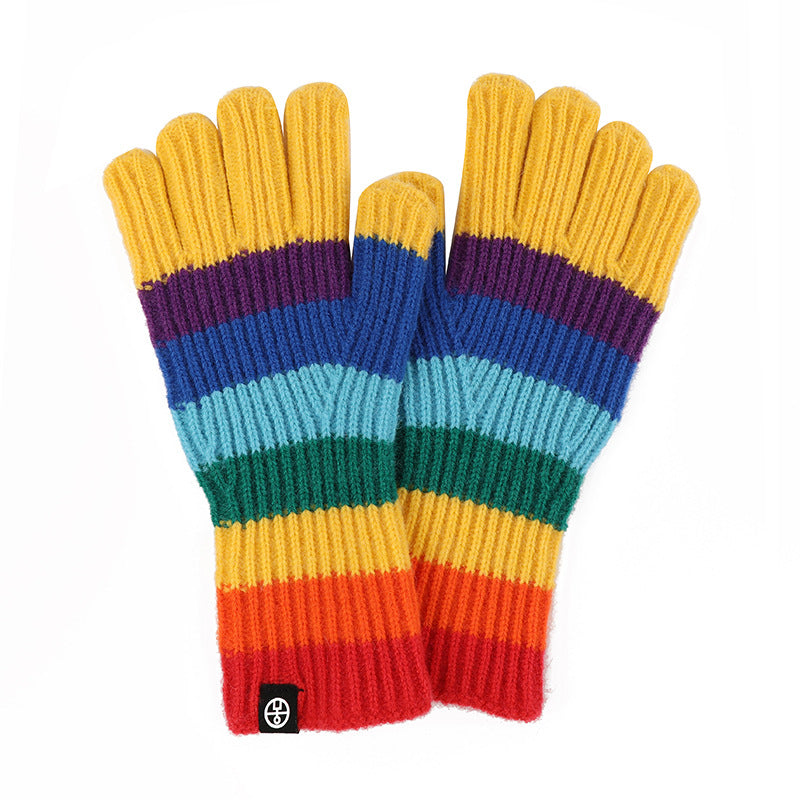 Wholesale Winter Rainbow Striped Knitted Fingerless Gloves Alpaca Warm Touch Screen Gloves