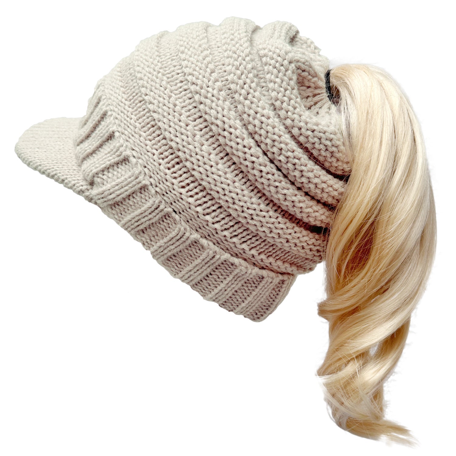 Wholesale Curled Stripe Ponytail Knitted Duck Tongue Wool Hat