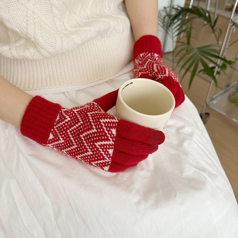 Wholesale Christmas Red Wool Knitted Warm Touch Screen Split Finger Gloves