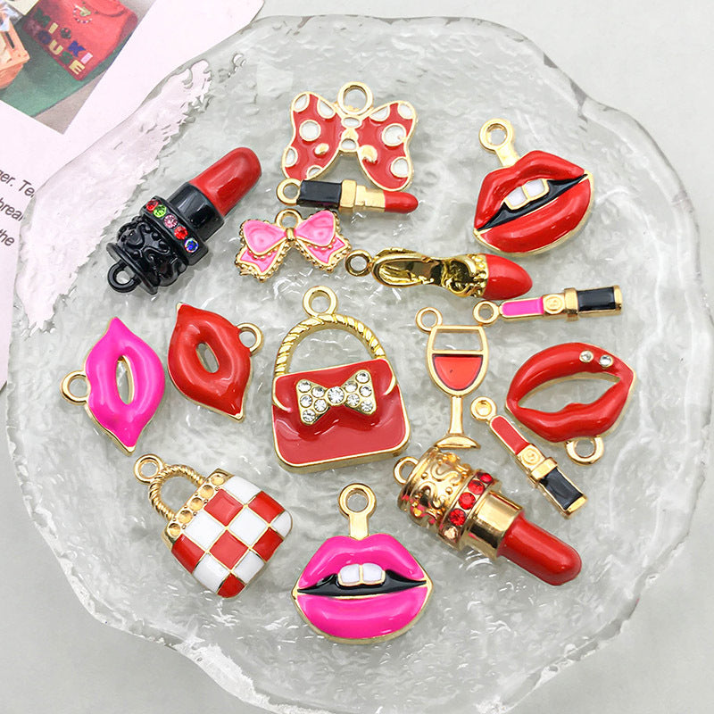 Wholesale 1 Drop Oil Alloy Red Simulated Lipstick Bow DIY Pendant