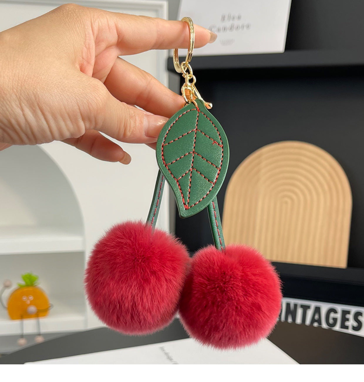 Wholesale Faux fur single leaf cherry plush pendant keychain