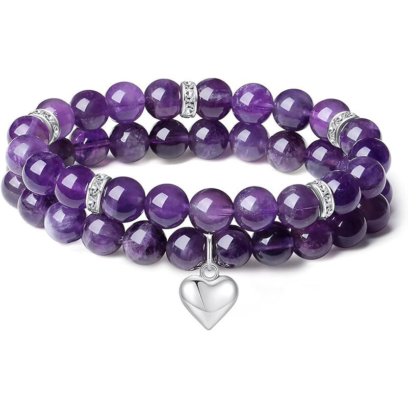 Wholesale 2 Piece Natural Stone Amethyst Heart Bracelet Set Unisex Friendship Gift Jewelry Accessory