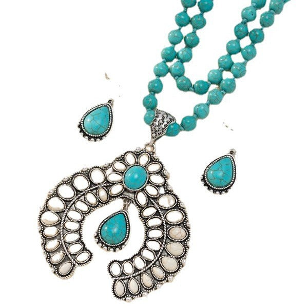 Wholesale Retro three-layer flower earrings turquoise earrings Western style exaggerated turquoise Buddha beads necklace jewelry set