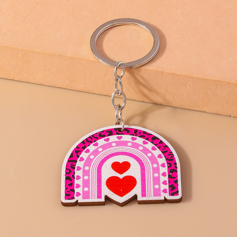 Wholesale Wooden Valentine's Day Rainbow Heart Pink Keychain