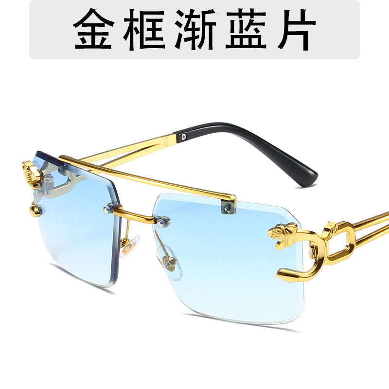 Wholesale Trendy frameless trimming sunglasses leopard head women's outdoor travel sunglasses fashionable wear pull-up glasses men