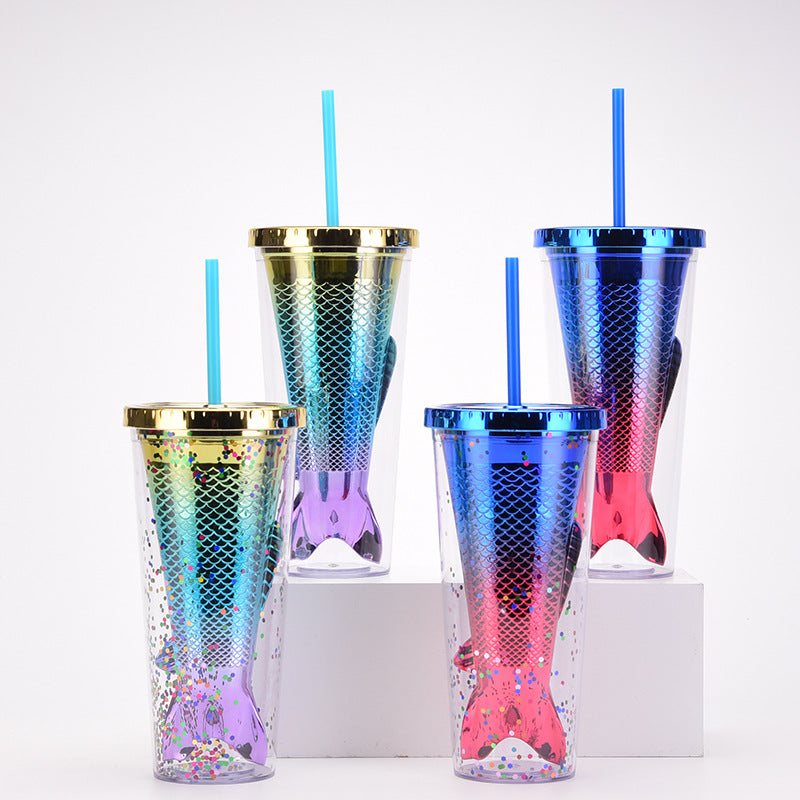 Wholesale Double-layer Plastic Cup Creative Gradient Mermaid Tail Colorful Sequin Straw Water Cup