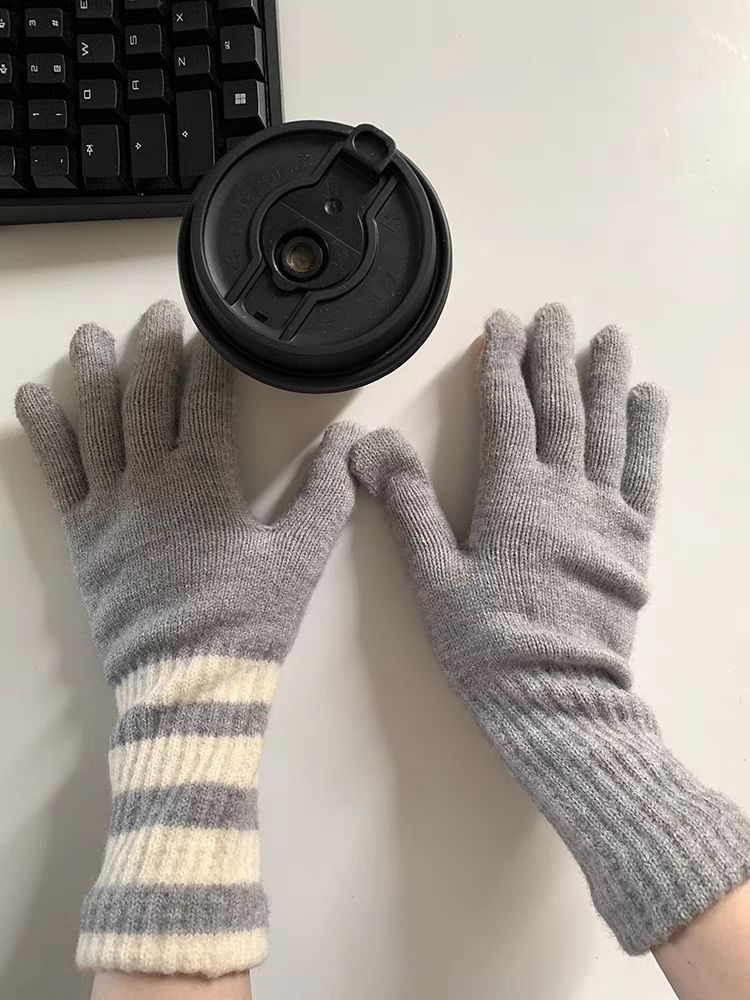 Wholesale Winter AB Version Striped Knitted Fingerless Touch Screen Cycling Warm Wool Gloves