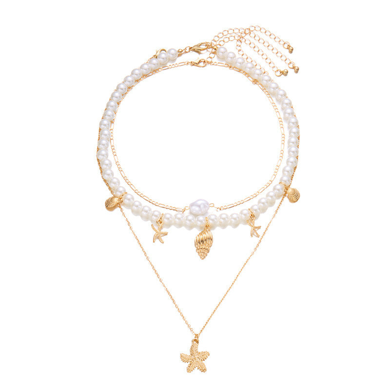 Wholesale Summer retro holiday style beach shell imitation pearl conch multi-layer women's necklace starfish pendant necklace set