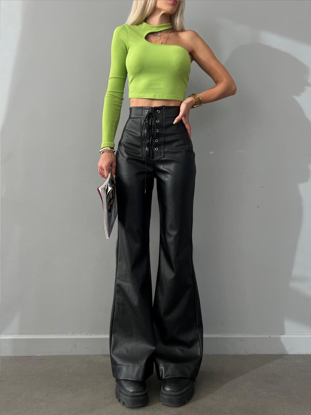 Wholesale Autumn/winter Fashion Sexy High-waisted Trousers Flared Leather Pants