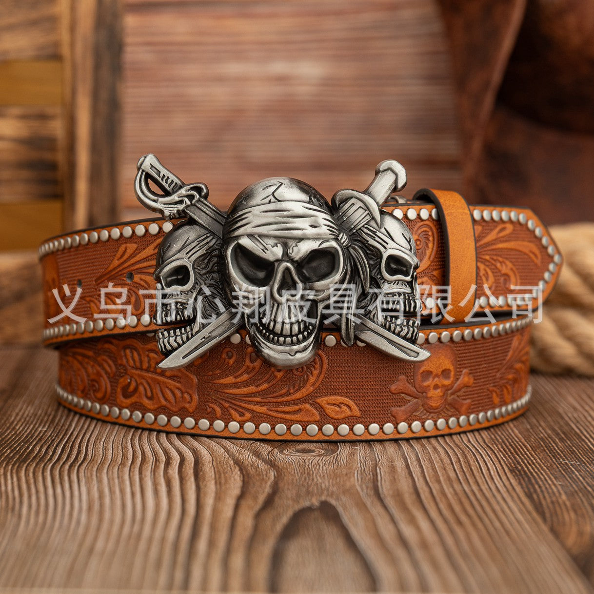 Wholesale Punk Double Swords Three Ghosts Buckle Retro Western Cowboy PU Leather Belt