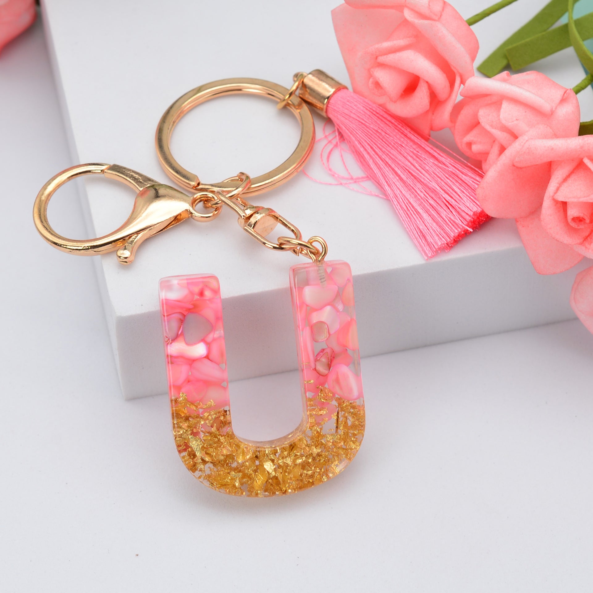 Wholesale Pink Tassel 26 Letter Crystal Resin Keychain