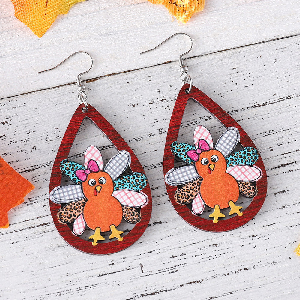 Thanksgiving Wooden Double-Sided Turkey Pendant Earrings