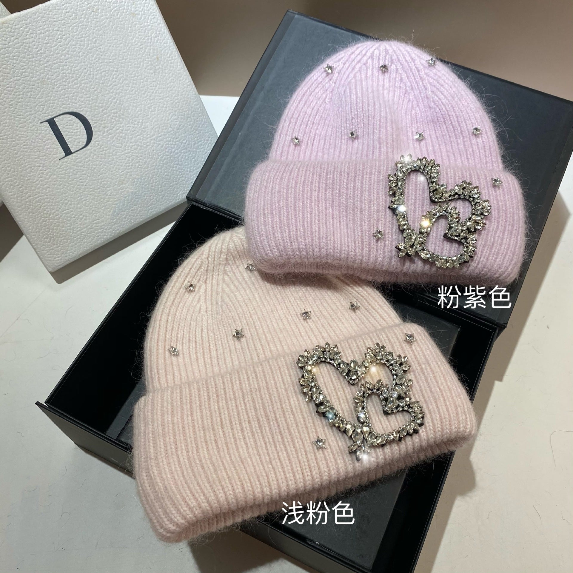 Wholesale Heavy Industry Rhinestone Heart Rabbit Fur Earmuff Knitted Hat