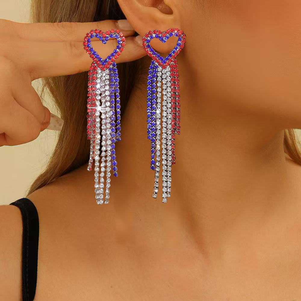 Wholesale Independence Day  Heart Shape Rhinestone Dangle  Bohemian Earrings