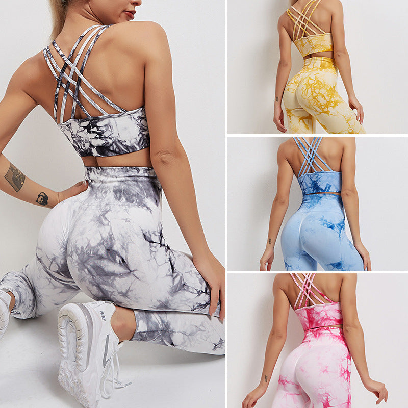 Wholesale Yoga Suit Women's High Waist Tie Dye Yoga Pants Sports Bra Suit Fitness Yoga Suit Women