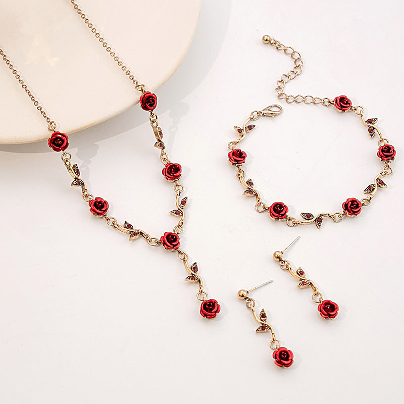 Wholesale Girl Mori Rose Earrings Vintage Romantic Red Flower Necklace suit