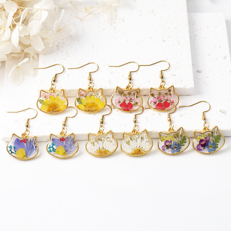 Wholesale New cat head flower earrings color real flower glue French earrings eternal flower jewelry cute gift