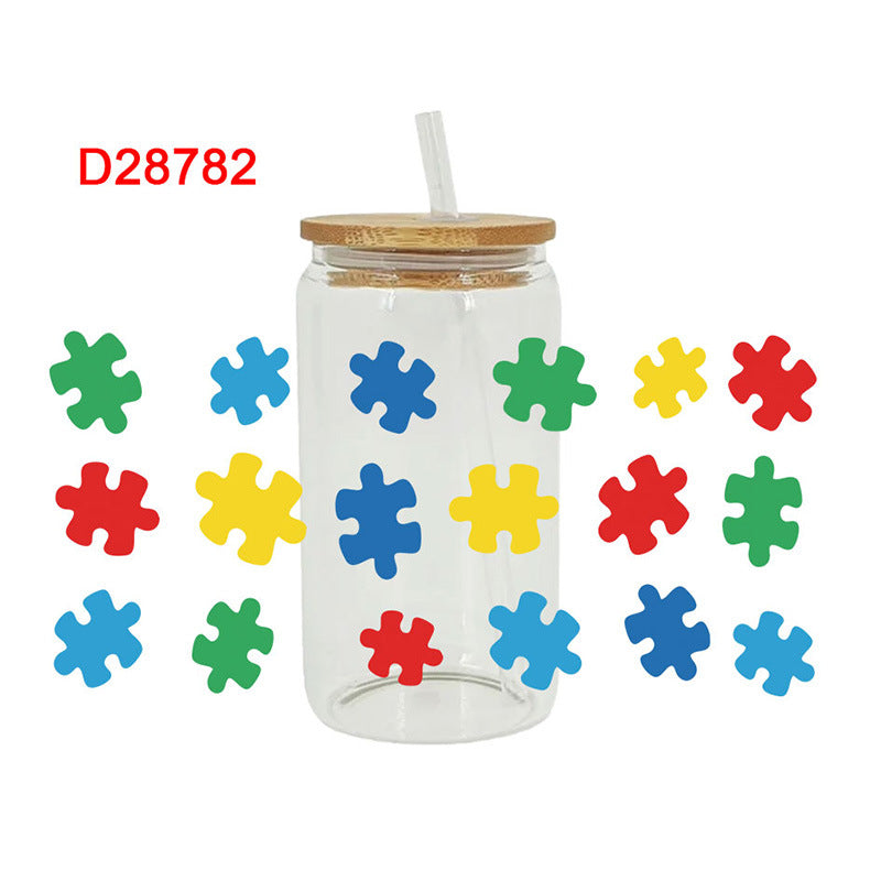 Wholesale Colorful Cartoon Puzzle 16oz Cup UV DTF Wraps