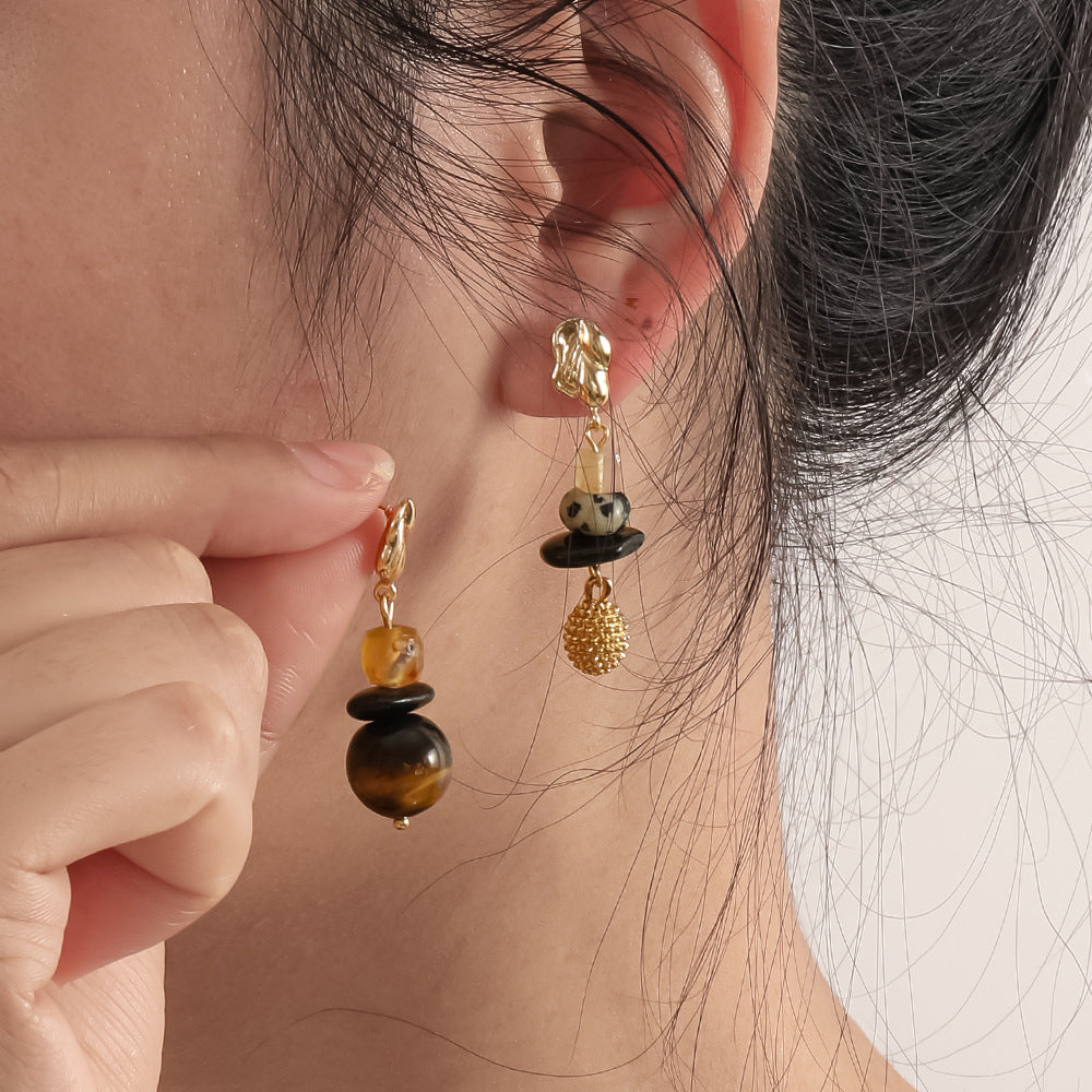Wholesale Retro Maillard Tiger Eye Stone Natural Stone Moon Earrings