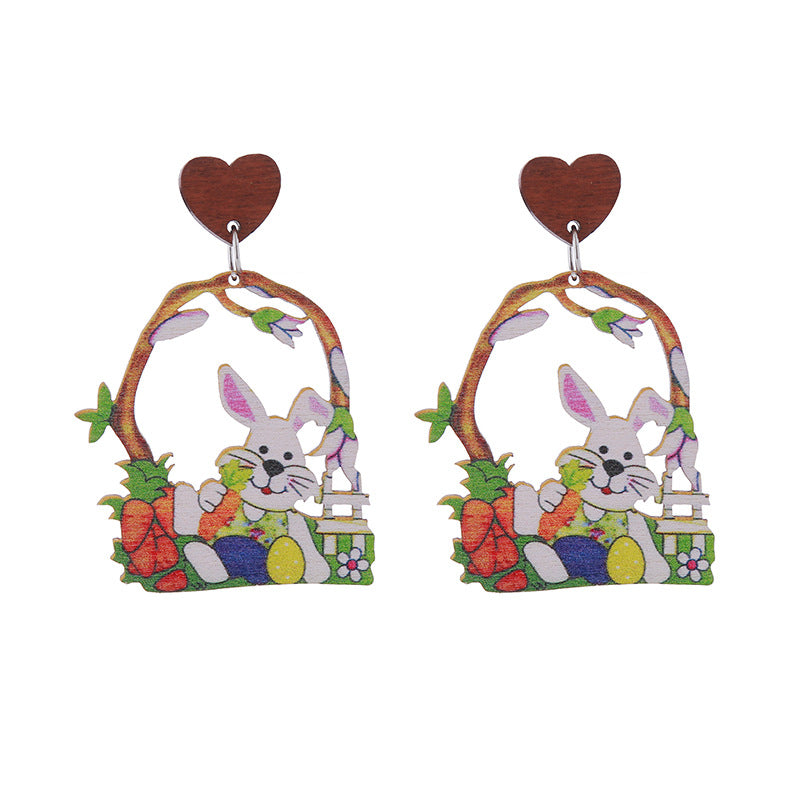 Wholesale Easter Bunny Flower Basket Printed Egg Wooden Earrings