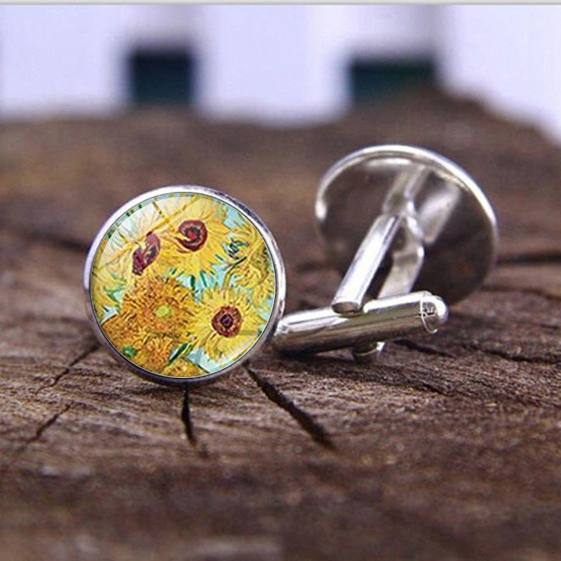 Wholesale Alloy Van Gogh Starry Night Sunflower Time Gemstone Cufflinks