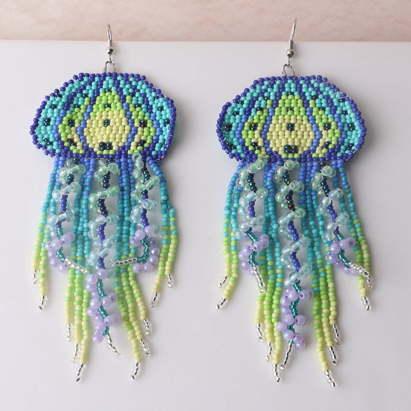 Wholesale Ocean jellyfish tassel rice bead woven Bohemian earrings
