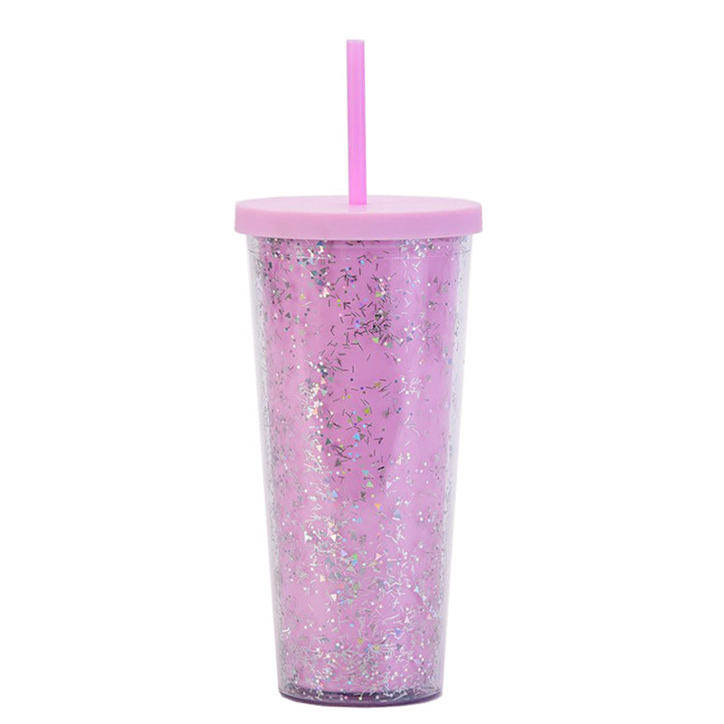 Wholesale  24OZ Double Layer Plastic Cup Sequins Glitter Creative Water Cup with Straw