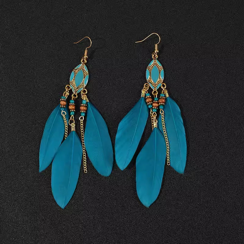 Wholesale Bohemian Long Feather Tassel Earrings