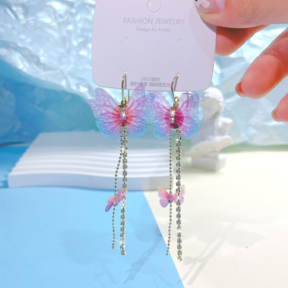 Wholesale Colored Organza Tassels Butterfly Micro-paved Rhinestone Long Earrings