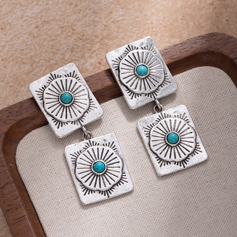 Wholesale Chic Western Turquoise Inlaid Geometric Drop Earrings Bohemian Lightning Tassel Jewelry For Boutique Resale