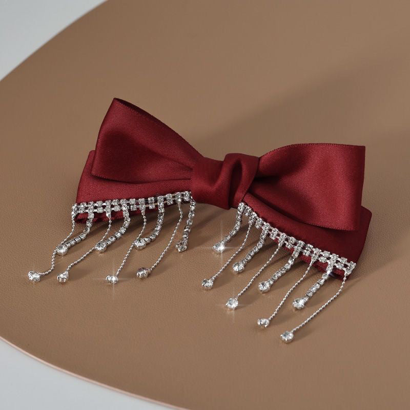 Wholesale Rhinestone Tassel Satin Bow Back Head Spring Clip Top Clip