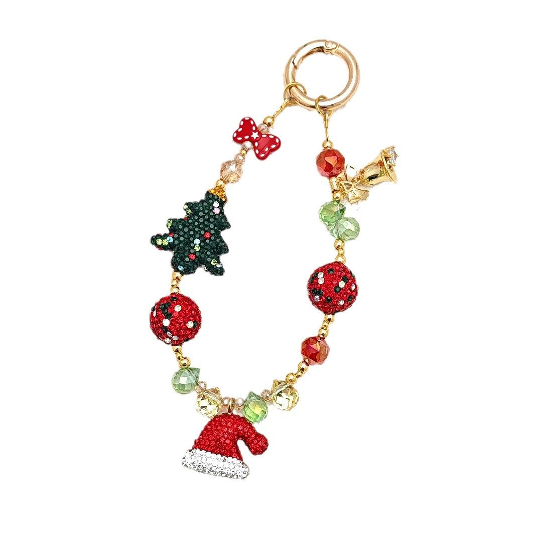 Wholesale Christmas Rhinestone Acrylic Phone Chain Charm Santa Hat Tree Bell Bow Red Green Beads Bag Keychain Gift Accessory