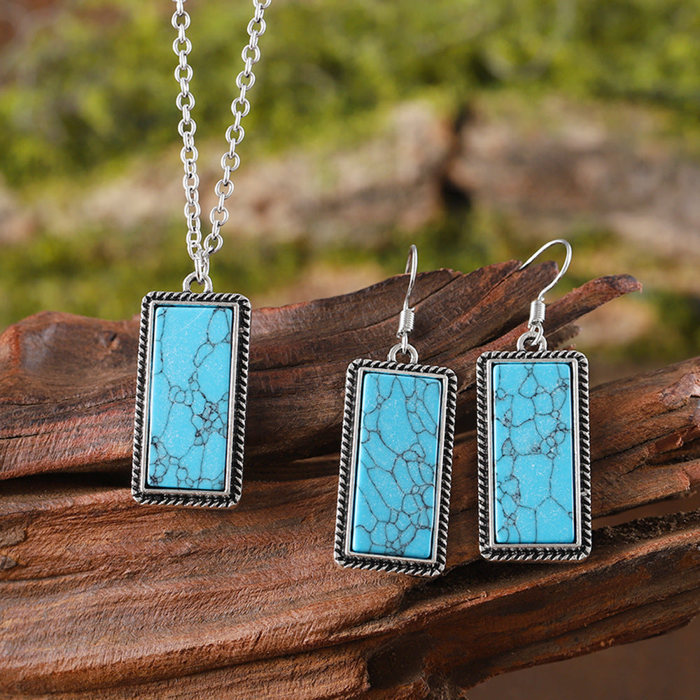 Wholesale Bohemian Inlaid Rectangular Turquoise Geometric Pendant Earrings Necklace Set