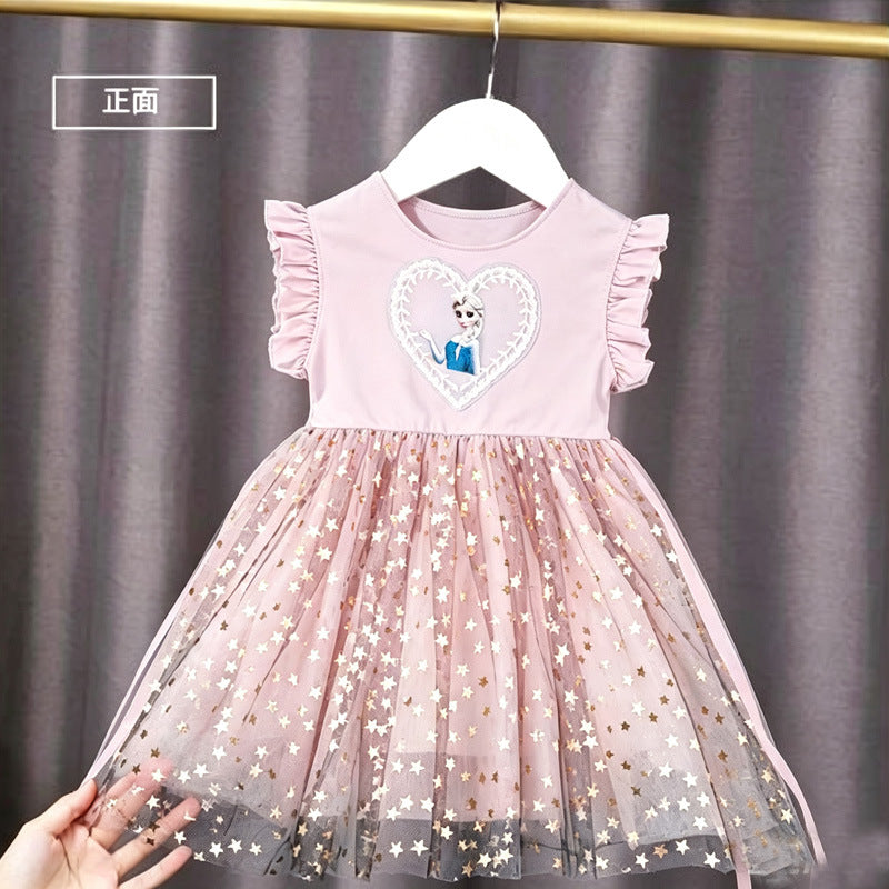 Wholesale Korean Style Girls Princess Dress 2026 Spring Summer Short Sleeve Pink Star Tulle Party Dress Polyester Kids 3 8 Years Boutique Resale OLY Exclusive