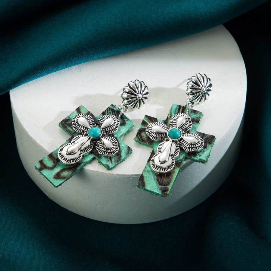 Wholesale Exaggerated Cross Earrings with Inlaid Turquoise Leather