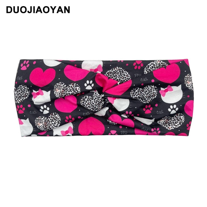 Wholesale Valentine's Day Printed Heart Elastic Cross Hairband