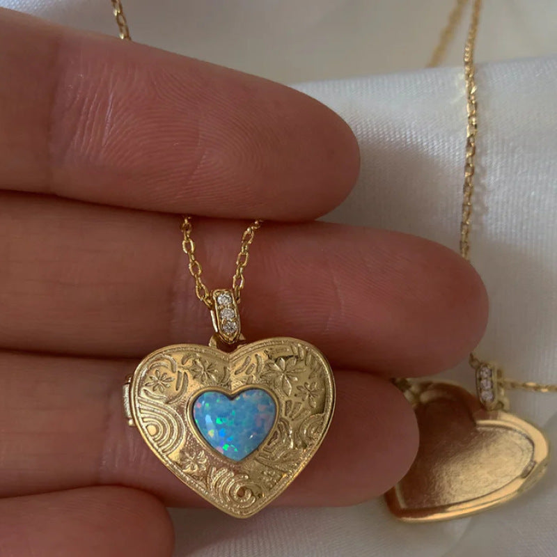Wholesale Trendy Gold Tone Heart Locket Pendant Necklace Openable Blue Love Design Fashion Jewelry Accessory For Boutique Resale